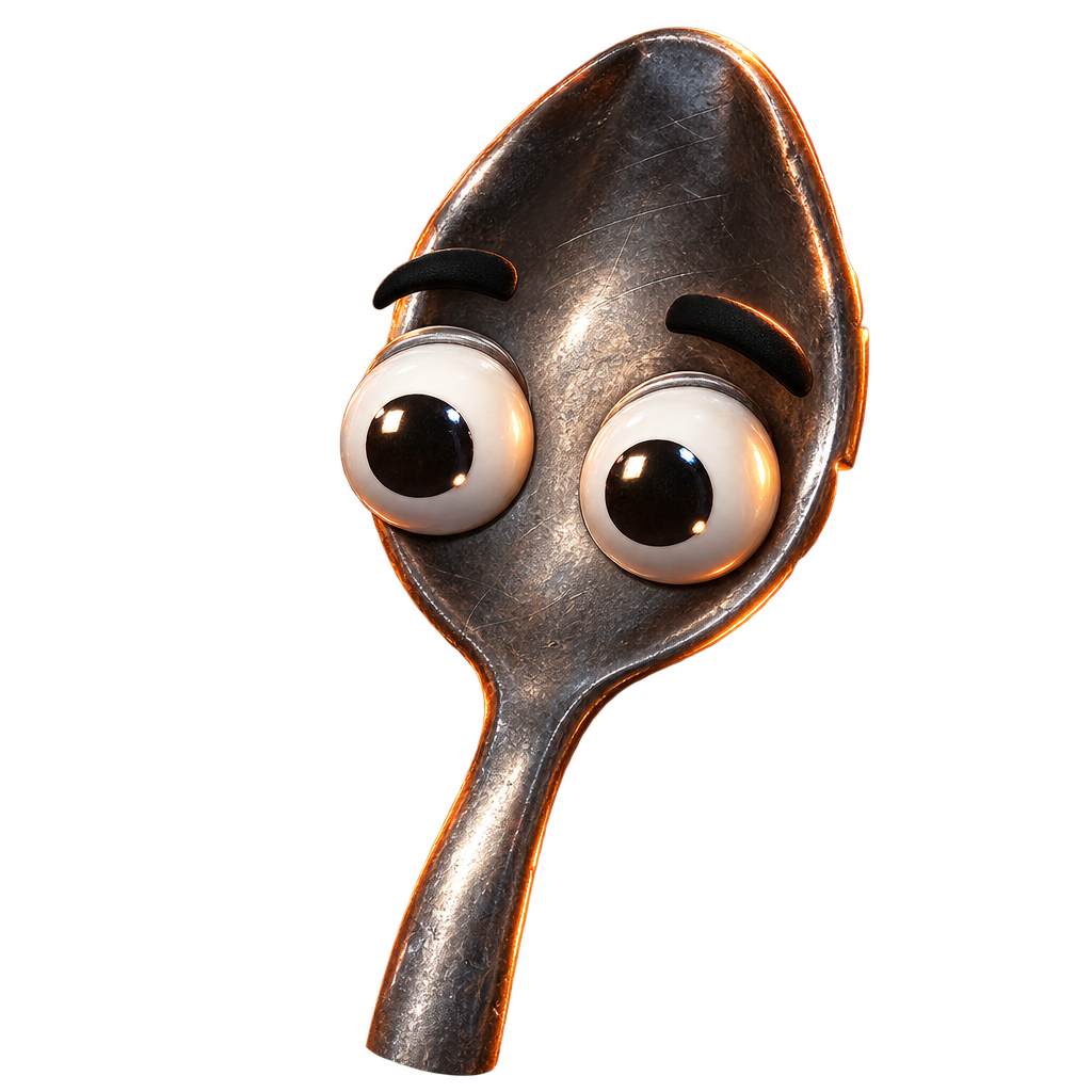 Cutout portrait of Goofy Spoon, close up on its worried eyes
