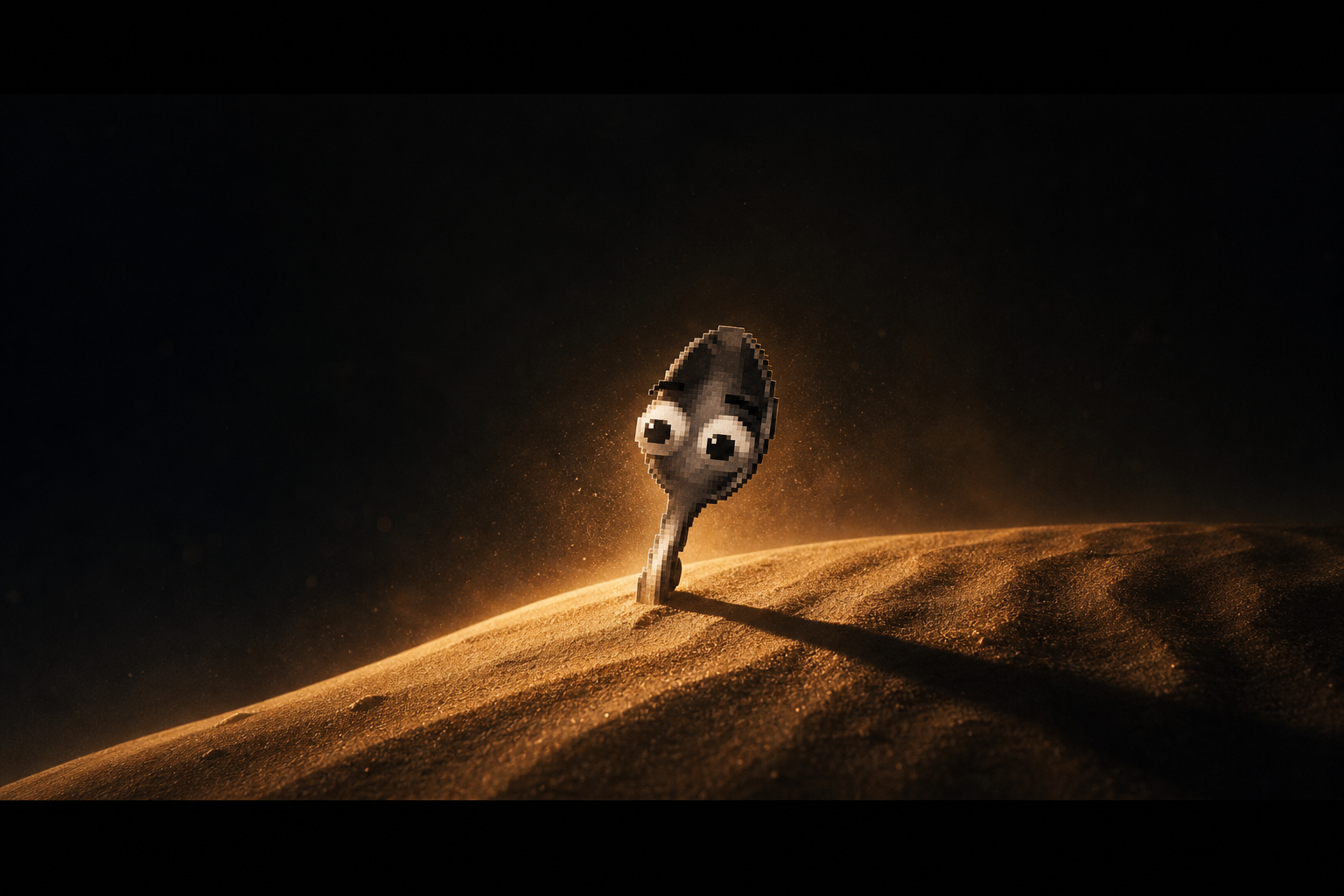 Wide letterboxed shot of Goofy Spoon standing alone on a dark sand dune, rim-lit against the night